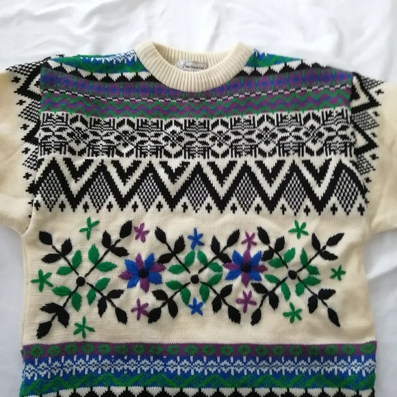 Vintage Embroidered Chunky Knit Sweater Norway Grandma Geometric Floral Medium - Picture 10 of 17